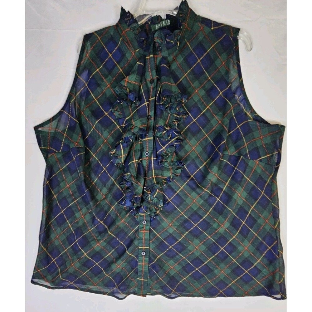 LAUREN RALPH LAUREN Shirt Women's 3X Green Tartan Plaid Ruffle Sheer Button LRL